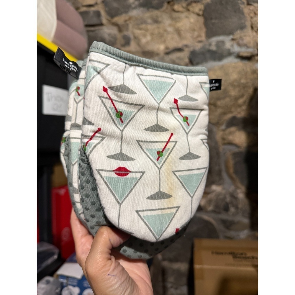 Kate Spade Martini Glass Mini Oven Mitts Set of 2 Grey Silicone Grip Red Olive